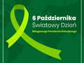 Grafika z żółtą wstążką na zielonym tle z napisem 6 października Światowy Dzień Mózgowego Porażenia Dziecięcego