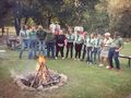 Harcerze i druhny ubrani w mundury harcerskie znajdują się w otoczeniu zieleni wykonują pląsy harcerskie przy ognisku