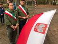 Dwaj harcerze ubani w munduryharcerskie stoją w otoczeniu parku mają przewieszone szarfy narodowe jeden z nich trzyma flagę Polskiw tle znajdują się dwie osoby