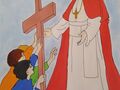 praca plastyczna Jan Paweł II z młodzieżą trzymającą krzyż