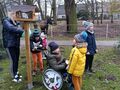 7. Uczniowie wraz z nauczycielem sypią ziarenka do karmnika