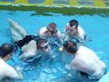 Kilku chłopców w wodzie dmucha w piłeczkę unoszącą się na tafli wody