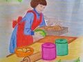 praca plastyczna - mama upiekła ciasto, wykłada je na stół, na stole leżą wałek, kolorowe puszki z mąką i cukrem, miska z jajkami