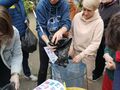 Uczniowie mają założone rękawiczki trzymają worki ze śmieciami segregują je do worków odpowiedniego koloru 
