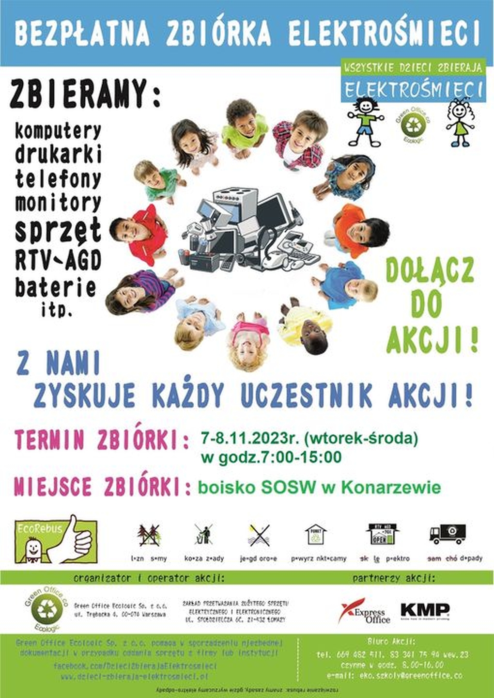 grafika przedstawiająca dzieci w kole w środku elektrośmieci Napis na górze bezpłatna zbiórka elektrośmieci