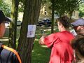 uczniowie skanują kod qr z tablicy na drzewie