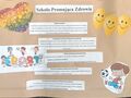 Plakat prezentujący główne  pzałożenia na rok szkolny 2023 2024, zawiera napisy Szkoła Promująca Zdrowie, Diagnoza potrzeb, Uzasadnienie wyboru problemu priorytetowego, wybór problemuriorytetowego, przyczyny istnienia problemu priorytetowego,  rozwiązania dla usunięcia problemu priorytetowego, te podpunkty są krótko opisane. Na plakacie są uśmiechnięte buźki, animowane ilustracje dzieci oraz owoce i warzywa