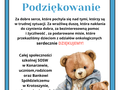 kartka z podziękowaniem za włączenie się w akcje charytatywną z napisem dla całej społeczności szkolnej SOSW w Konarzewie oraz Bankowi Spółdzielczemu w Krotoszynie