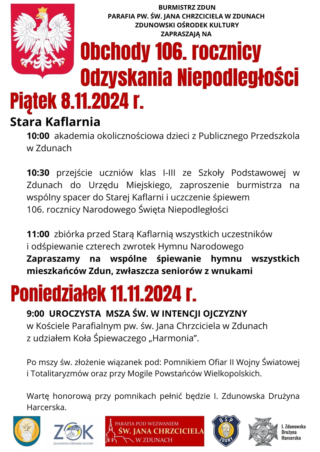 plakat z napisem obchody 106. rocznicy odzyskania niepodległości przedstawienie harmonogramu w prawym gornym rogu Godło Polski