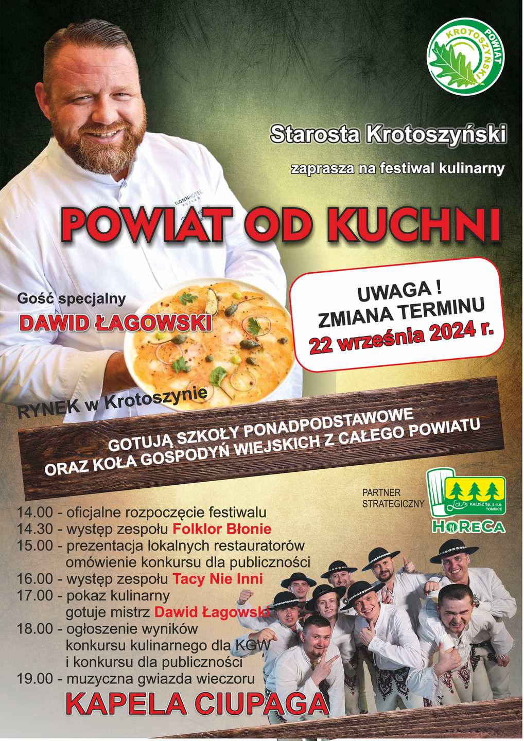 Plakat ze zdjęciem kucharza Dawida Łagowskiego, na środku duży napis powiat od kuchni, w prawym górnym rogu logo powiat krotoszyński w lewym dolnym rogu zdjęcie kapeli ciupaga