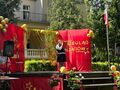 13.Uczennica stoi na scenie recytuje wiersz do mikrofonu 