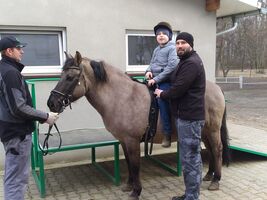 chłopiec siedzi na koniu, obok hipoterapeuta asekuruje, z przodu konia mężczyzna trzyma konia za wodze