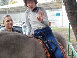 dziewczynka siedzi na grzbiecie konia o imieniu Hejnał, unosi rękę w kierunku obiektywu aparatu, obok asekuruje hipoterapeuta